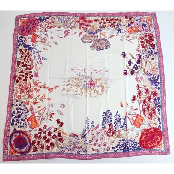 Longchamp Paris 100% Silk Scarf Floral Castle Pink - 34x34 - Picture 2 of 6